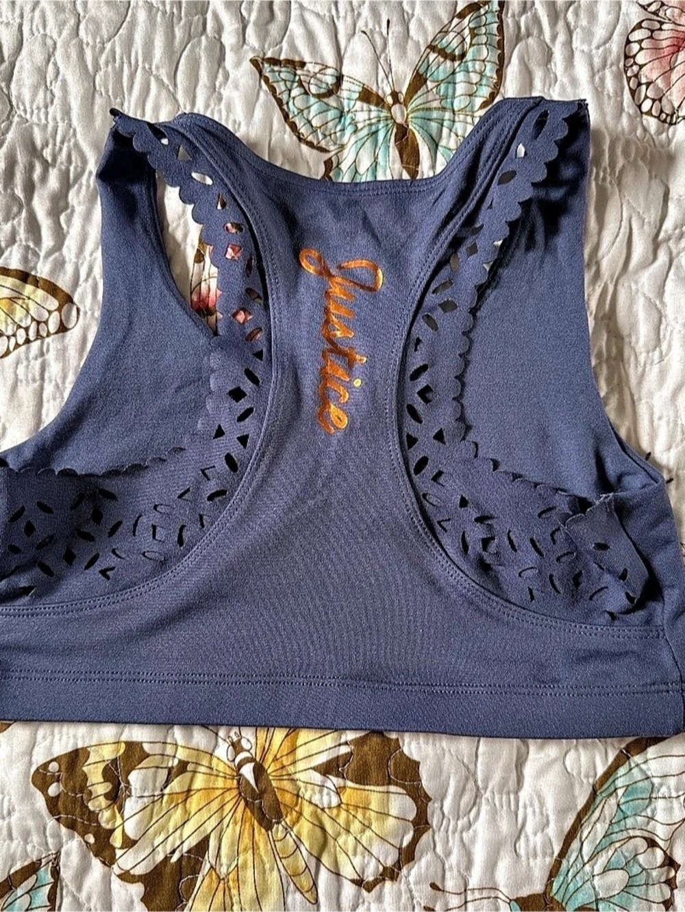 Girls Cutout Racerback Sports Bra in Blue Size 34